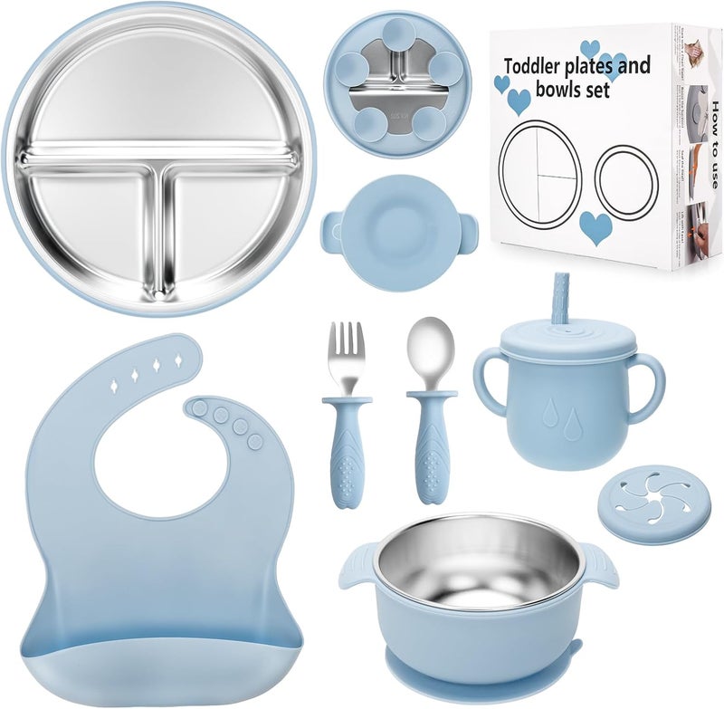 mislili Stainless Steel Kids Plates and Bowls Set with Suction, Divided Baby Plate and Toddler Bowl with Removable Silicone Suction,Stainless Steel Weaning Bundle, Silicone Baby Feeding Set (Blue) - Image 1